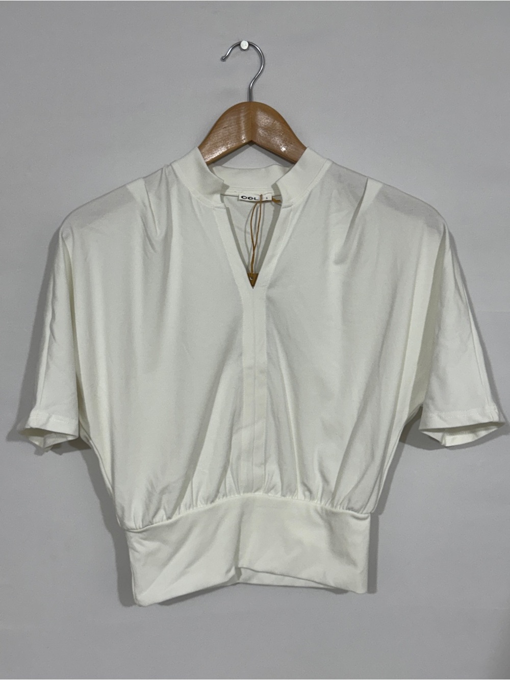 WSW11 {OGL} Off White Short Sleeve V-Neck Collar Crop Top Sweatshirt